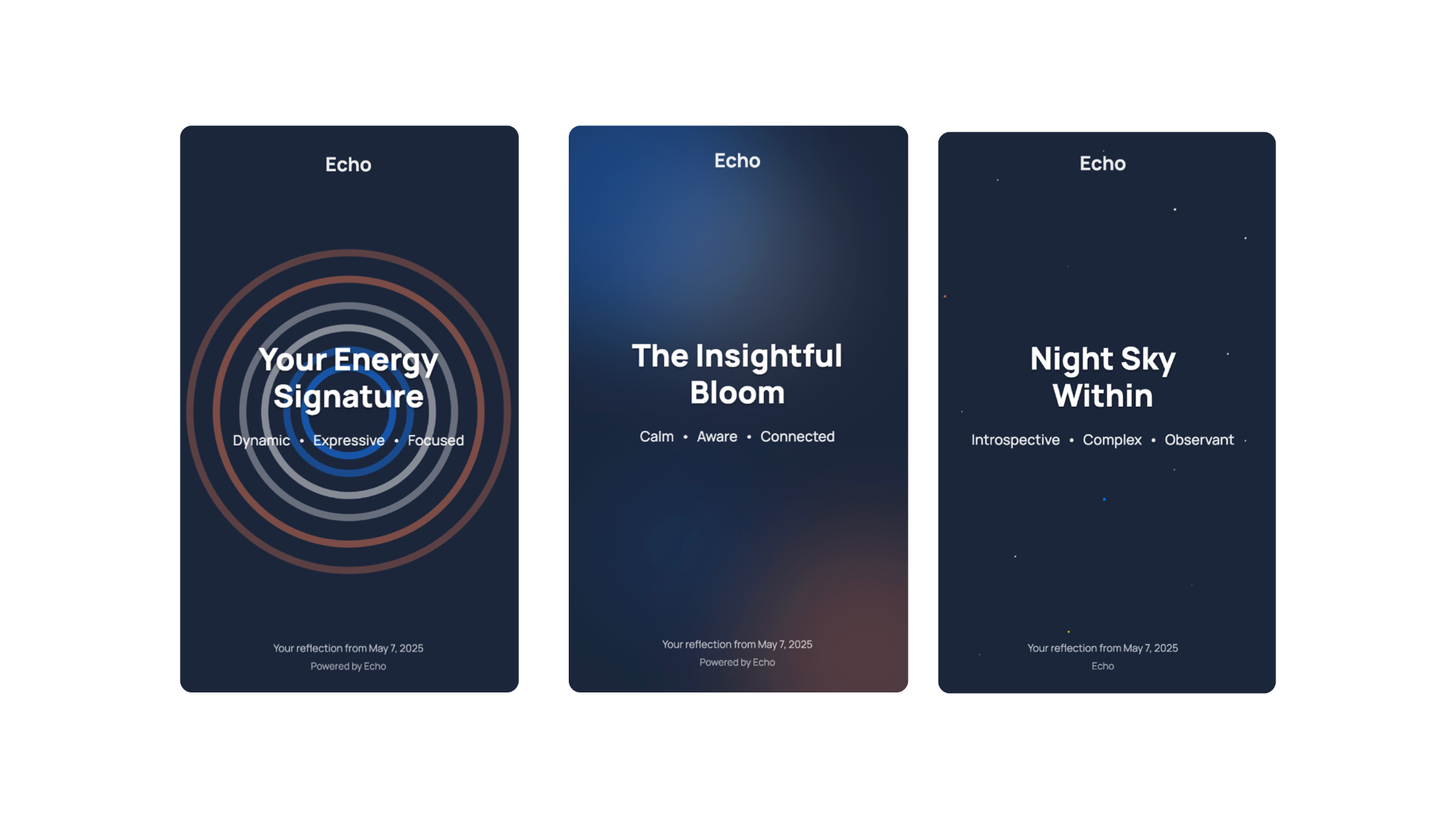 Three reflection artefact card designs