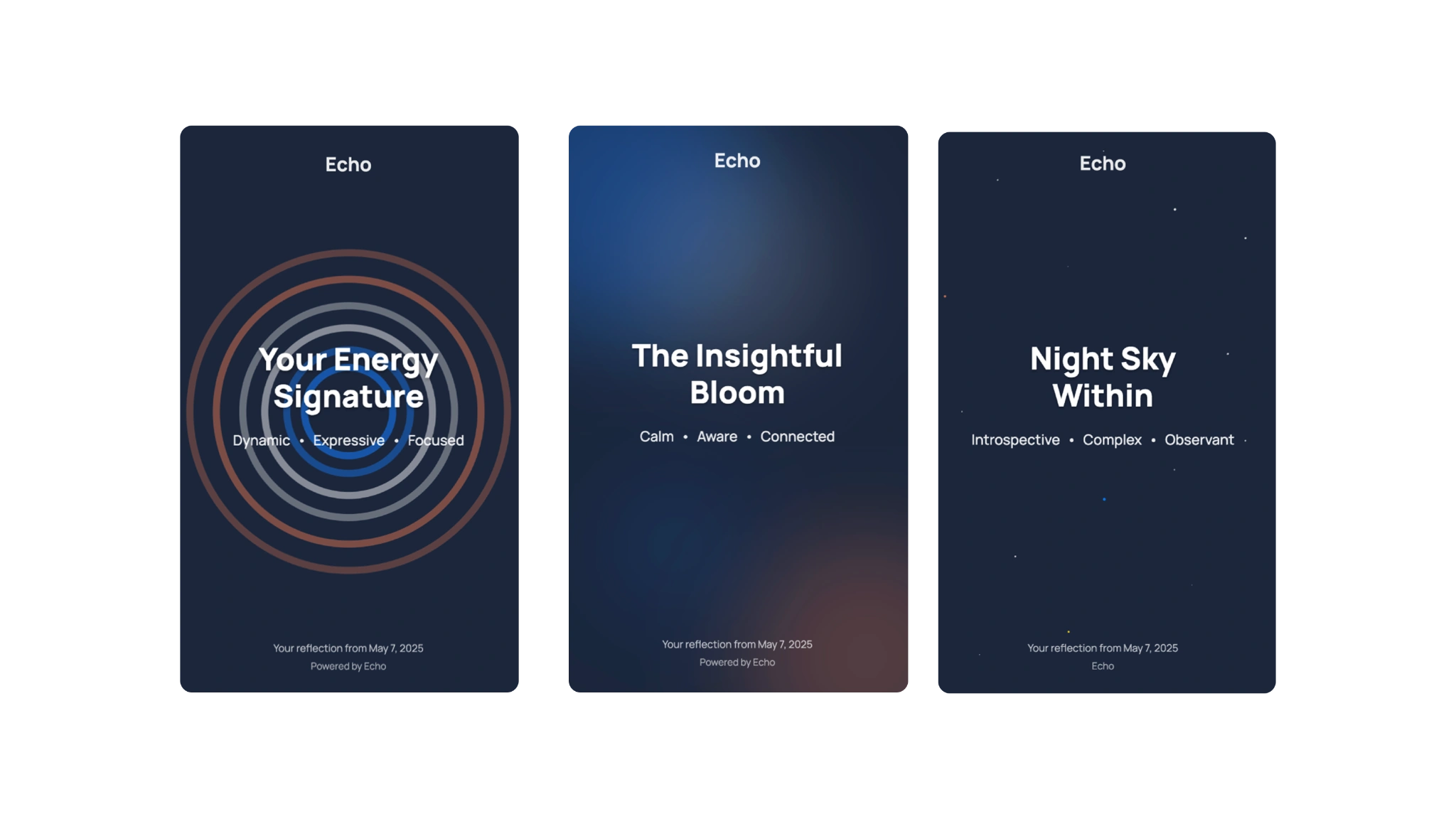 Three reflection artefact card designs