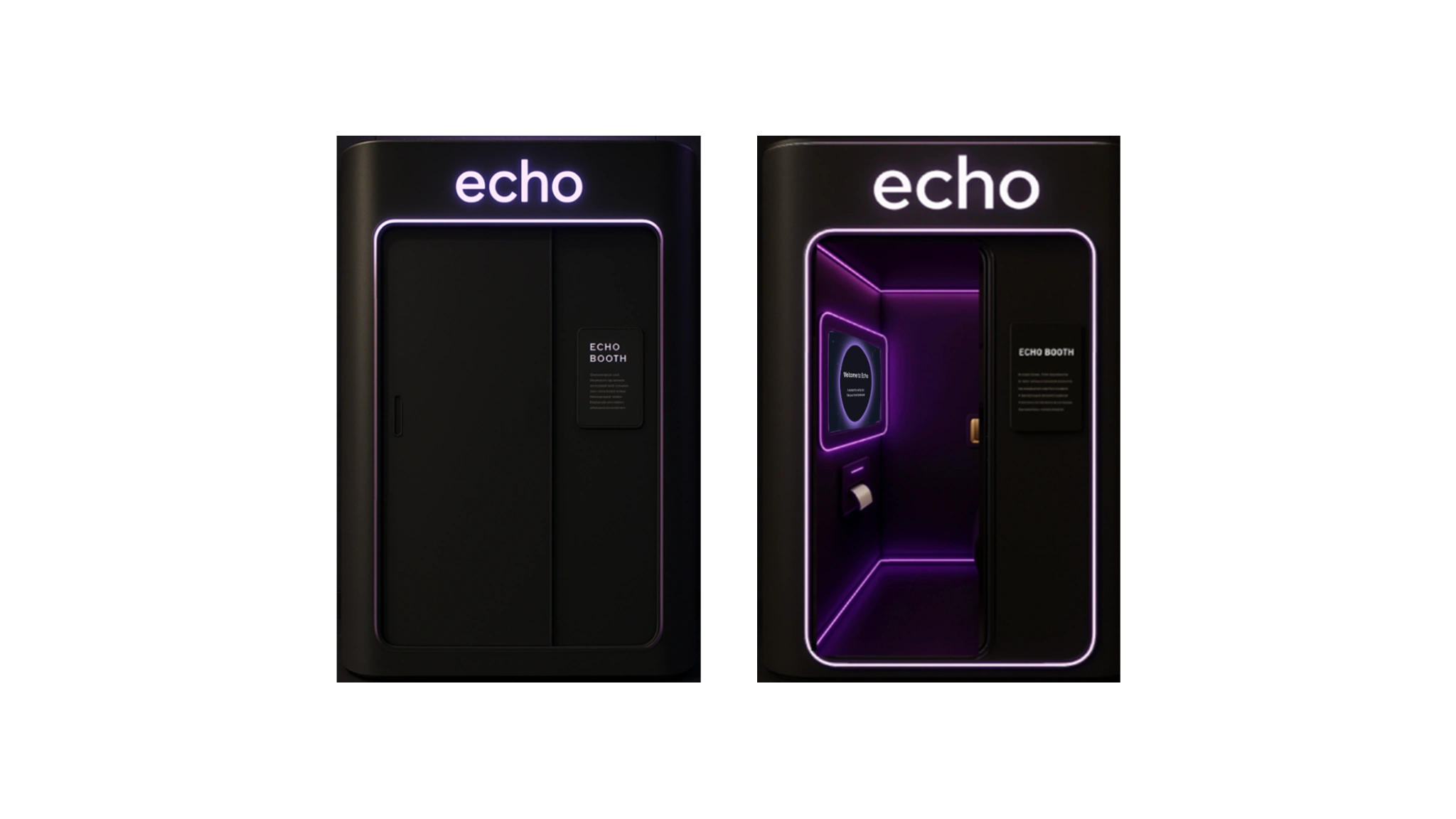 Echo Booth, matte black exterior with purple-lit interior