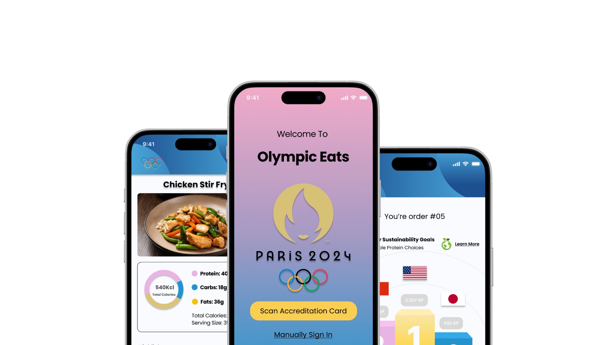 Olympic Eats app screens