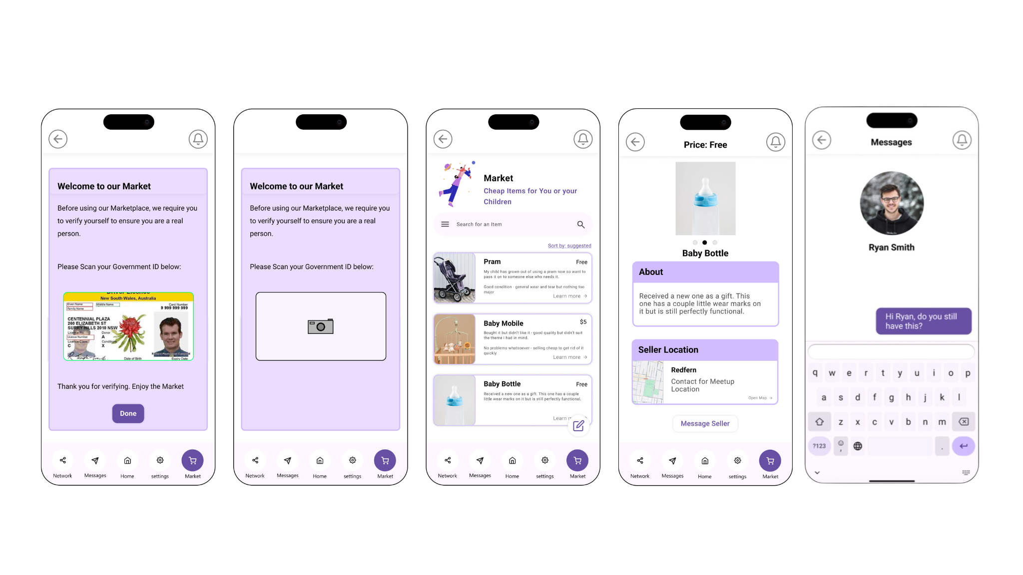 Marketplace listings, verification, messaging