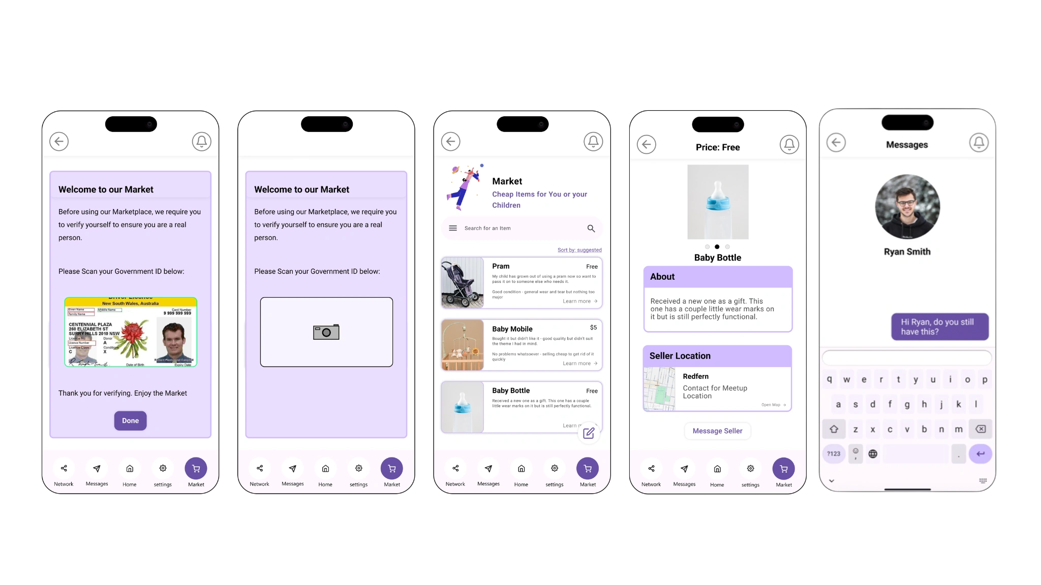 Marketplace listings, verification, messaging