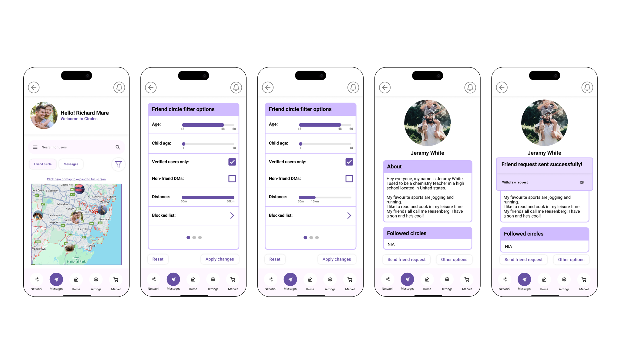 Friend matching map, profiles, and filters