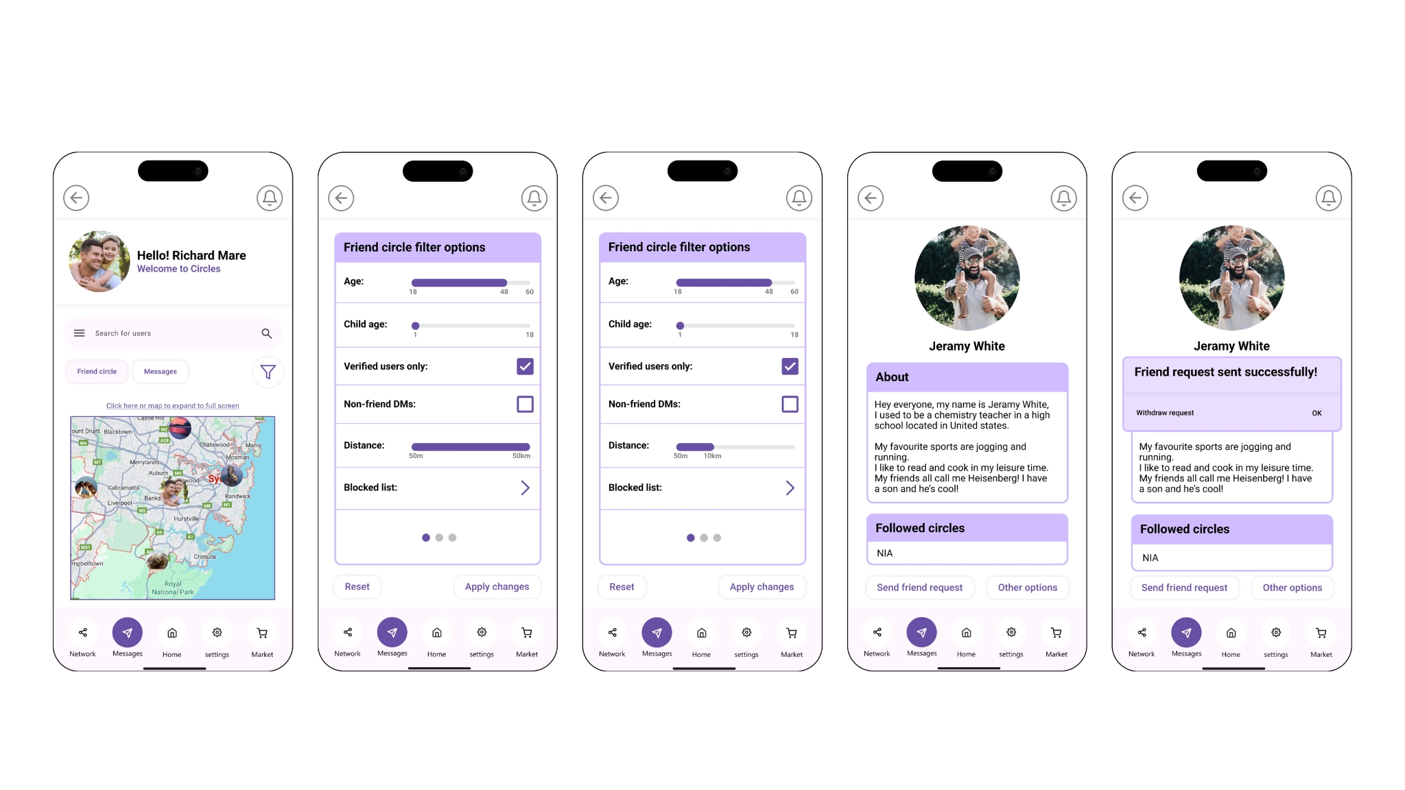 Friend matching map, profiles, and filters