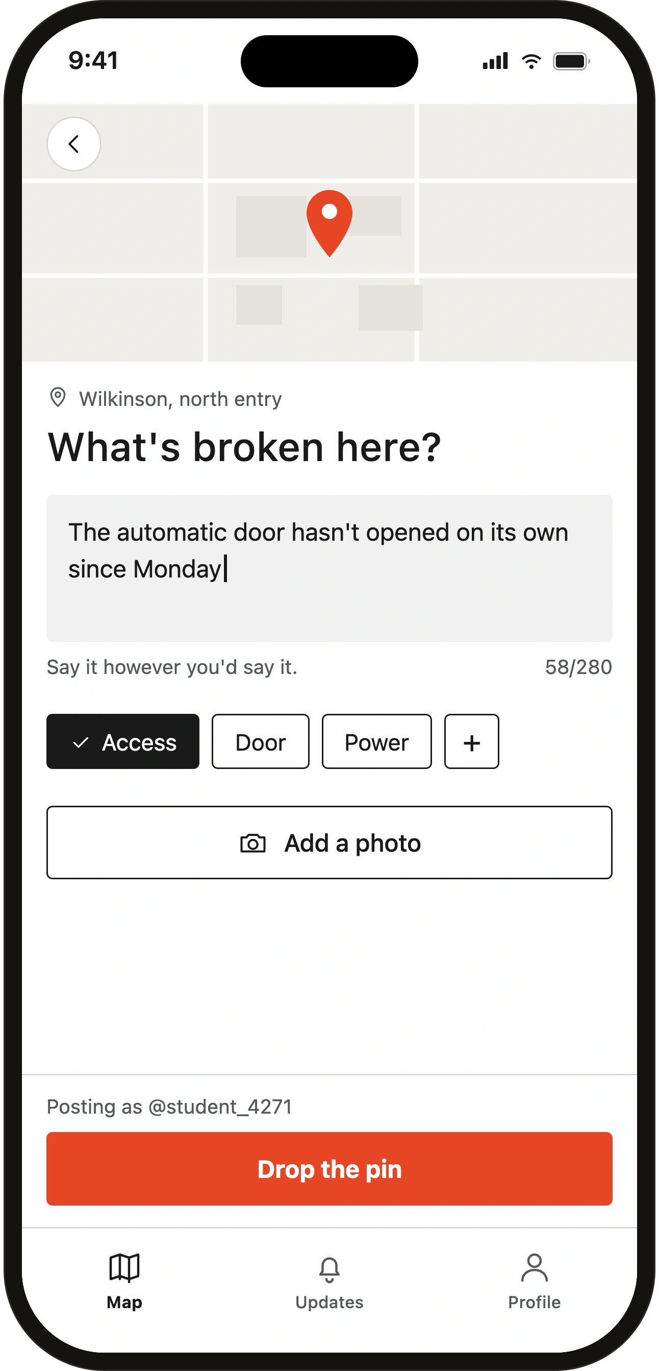 Redesigned report screen: a free-text box comes first, with tags offered underneath as suggestions