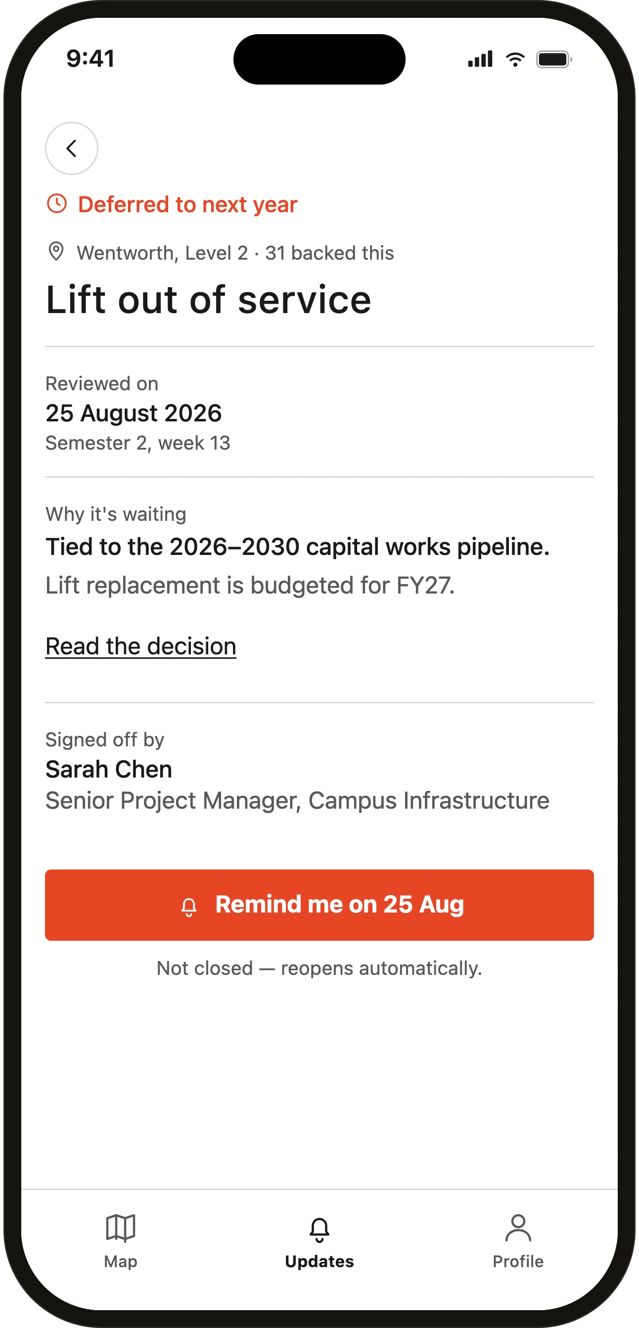 Redesigned status screen: the report is Deferred with a review date, the blocking constraint, and the named decision-maker
