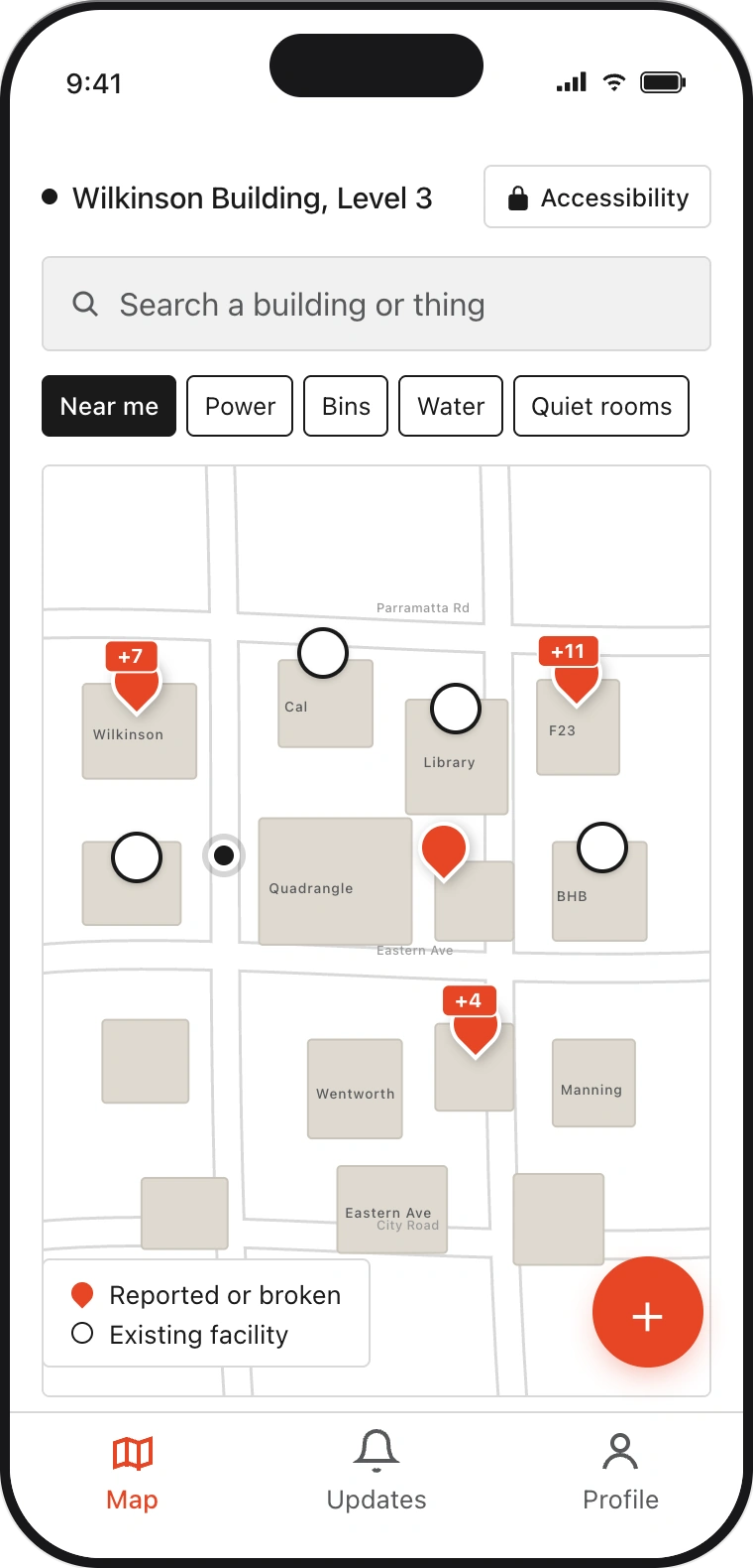 Map home screen: campus map with red report pins, hollow facility markers and filter chips