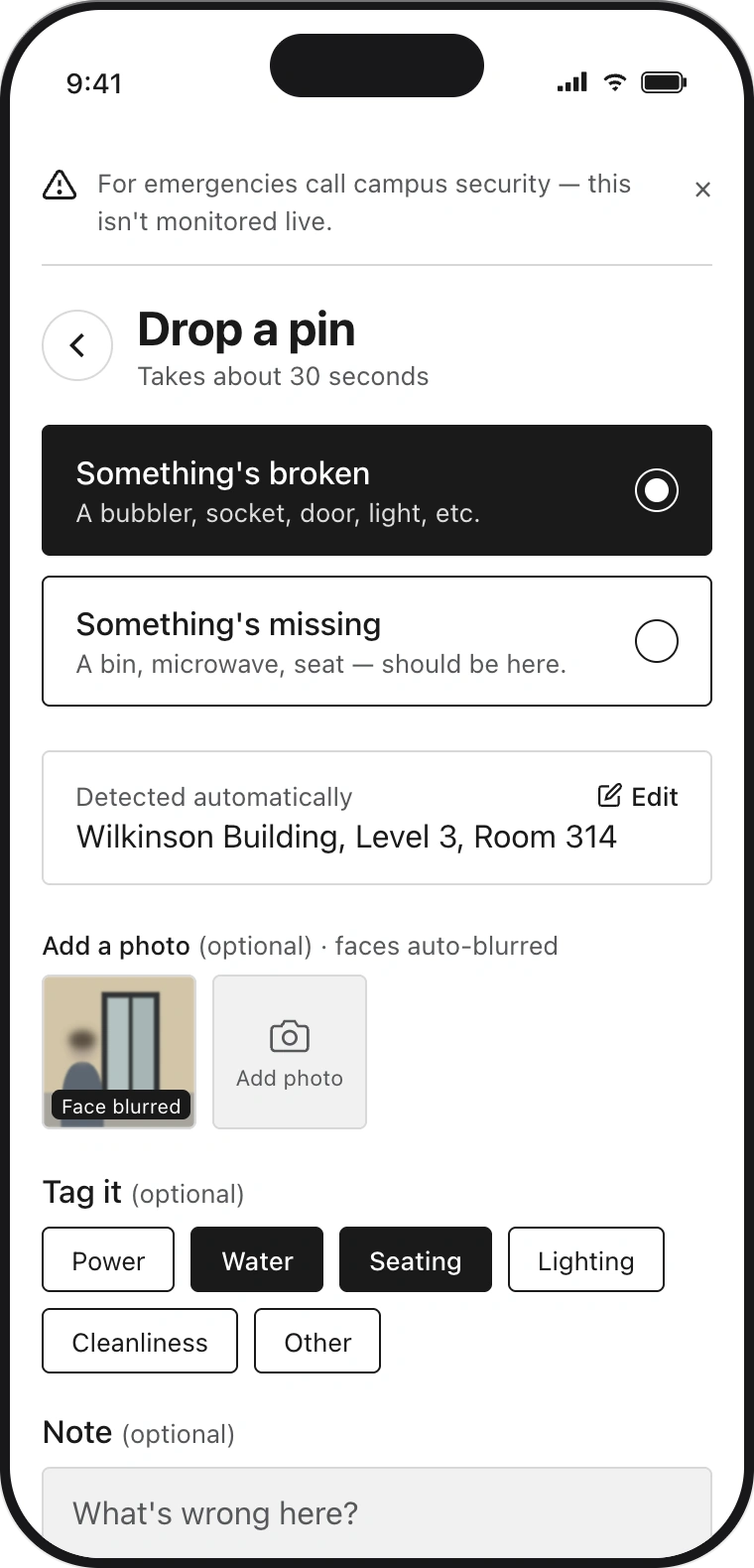 Drop a pin screen: broken or missing toggles, auto-detected location, optional photo, tags and note