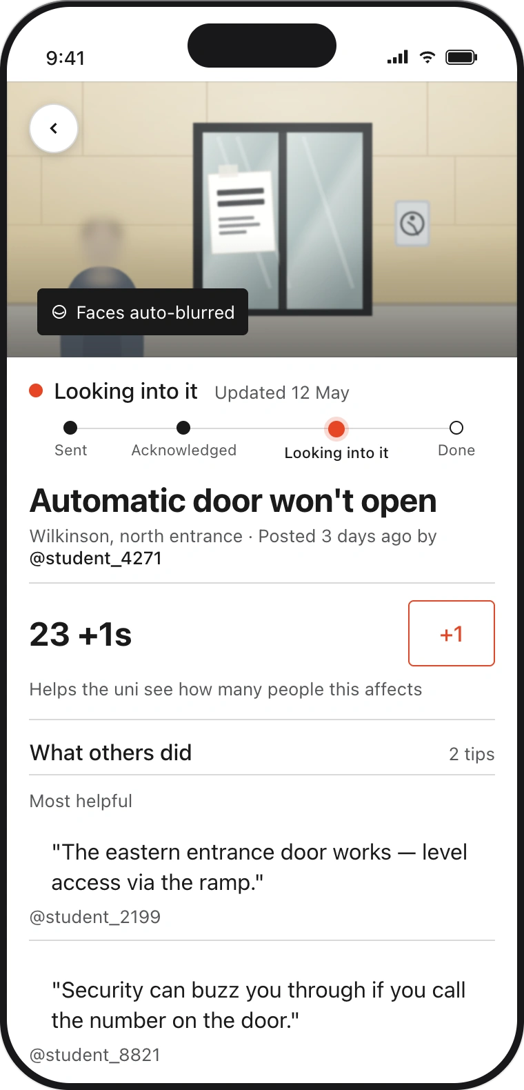 Pin detail screen: 23 plus-ones, status timeline and two peer tips
