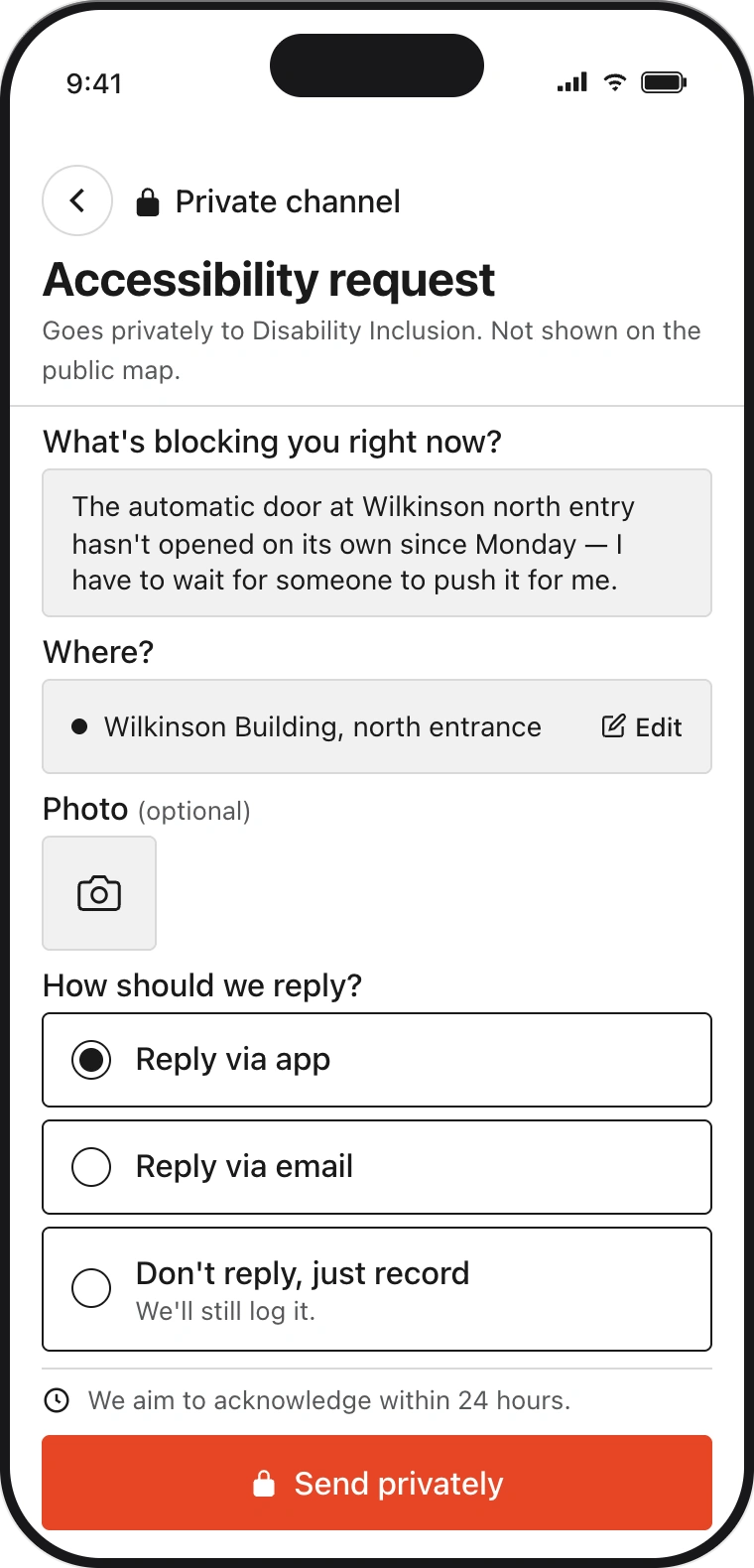 Accessibility request screen: private channel to Disability Inclusion with reply preference options
